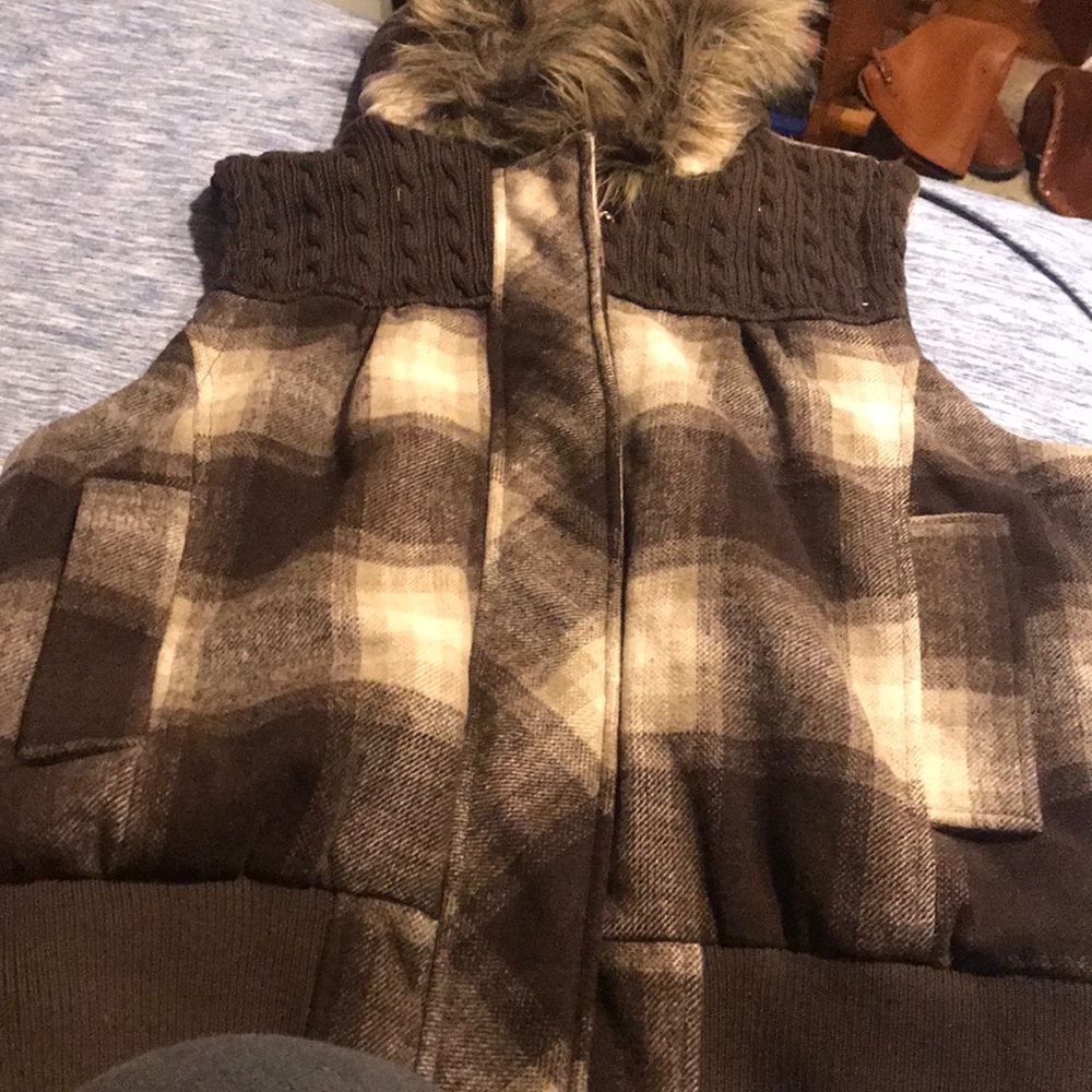Very cute brown plaid hooded vest